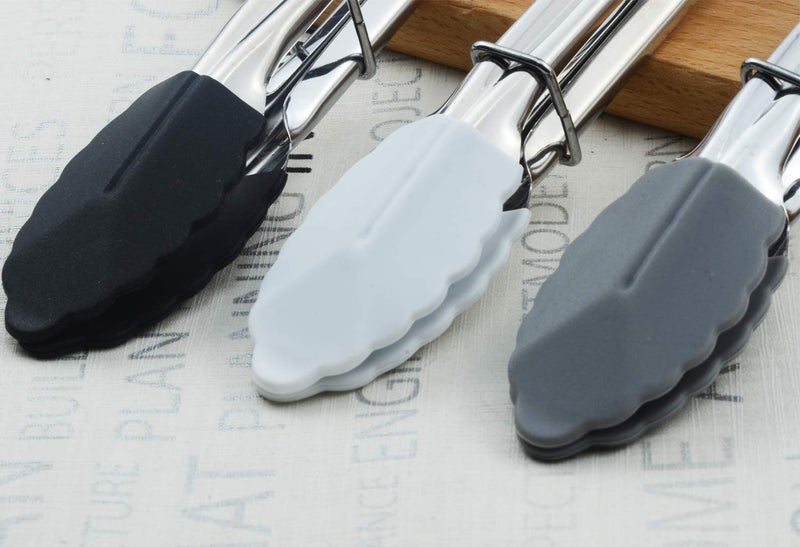 HINMAY Mini Tongs with Silicone Tips 7-Inch Small Serving Tongs, Set of 3 (Black White Gray) - Image 5